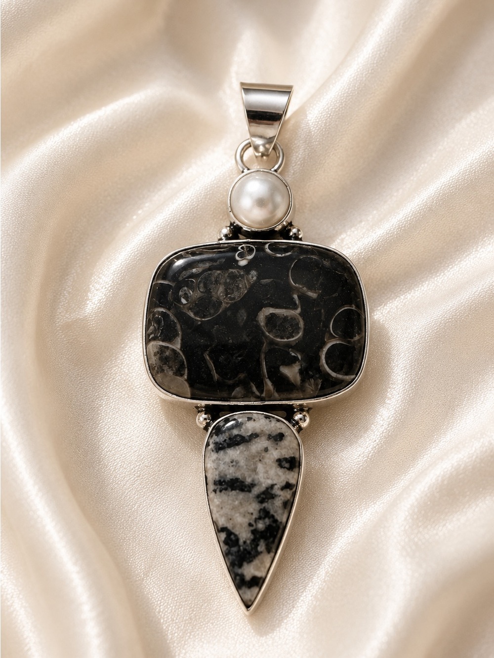 Artisan Black and White Jasper Pendant with Pearl Accent